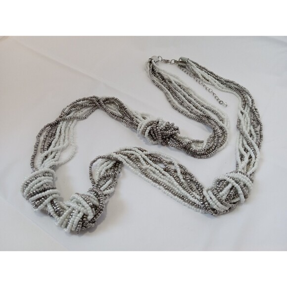 Metallic Multistrand Silver & White Seed Beaded & Knotted Necklace 30"-33" - Picture 1 of 7